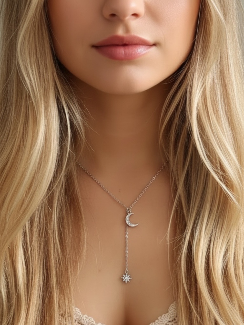 Sparkly CZ Platinum Plated Moon & Star Lariat Necklace - Women's Jewelry. New.